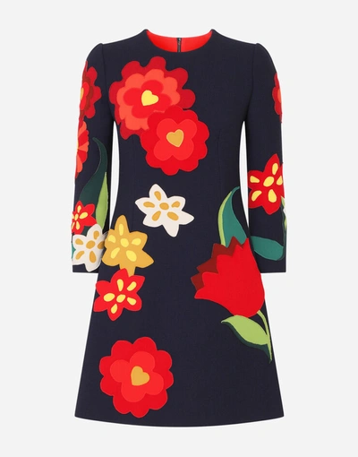 Shop Dolce & Gabbana Short Crepe Dress With Floral Patches In Blue