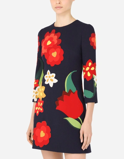 Shop Dolce & Gabbana Short Crepe Dress With Floral Patches In Blue