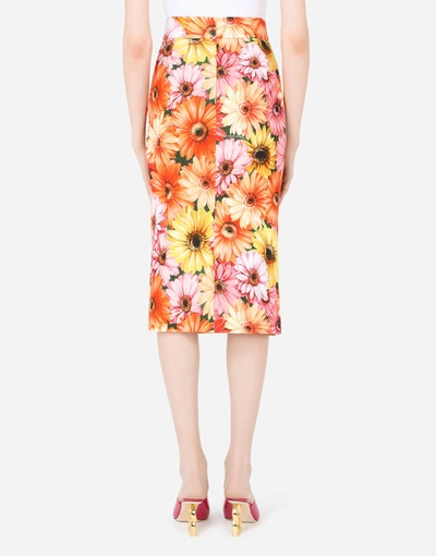 Shop Dolce & Gabbana Cady Midi Skirt With Gerbera-daisy Print In Multicolor