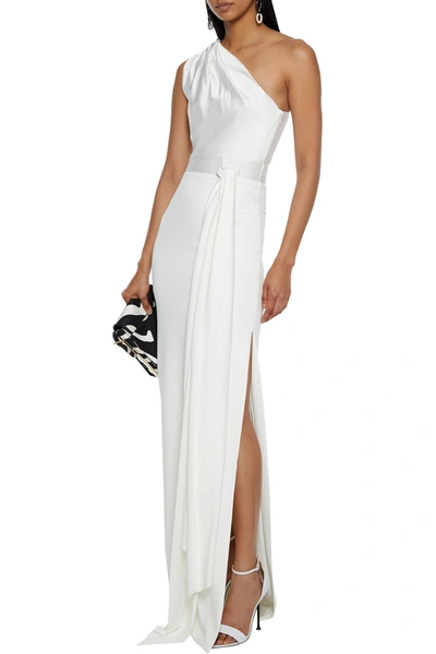 Shop Solace London Mara One-shoulder Bow-detailed Stretch-satin And Crepe Gown In White