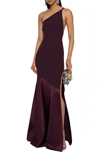 Shop Solace London Violeta One-shoulder Satin-paneled Crepe Gown In Merlot