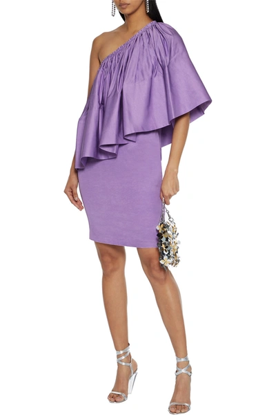 Shop Solace London Layci One-shoulder Ruffled Shantung Mini Dress In Lavender
