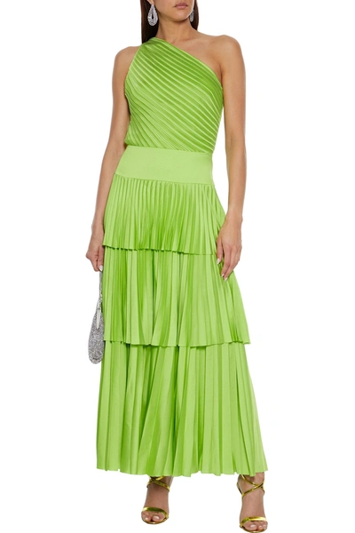 Shop Solace London Larissa One-shoulder Tiered Plissé-satin Maxi Dress In Bright Green