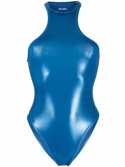 Shop Attico Halterneck High-shine Swimsuit In Blue
