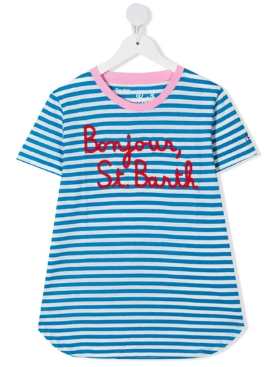 Shop Mc2 Saint Barth Teen Logo Striped T-shirt In Blue