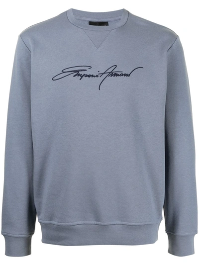Shop Emporio Armani Embroidered-logo Cotton Sweatshirt In Blau