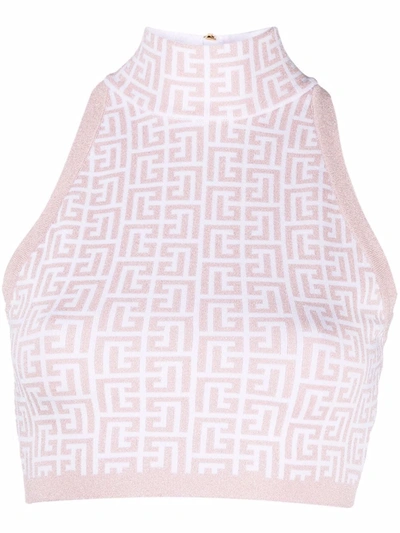 Shop Balmain Monogram Sleeveless Cropped Top In Pink