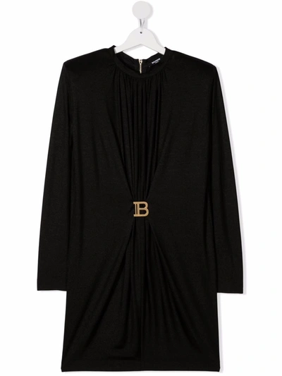 Shop Balmain Logo-embellished Long-sleeve Dress In Black