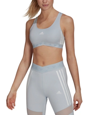 adidas Training 3 stripe medium support sports bra in baby blue