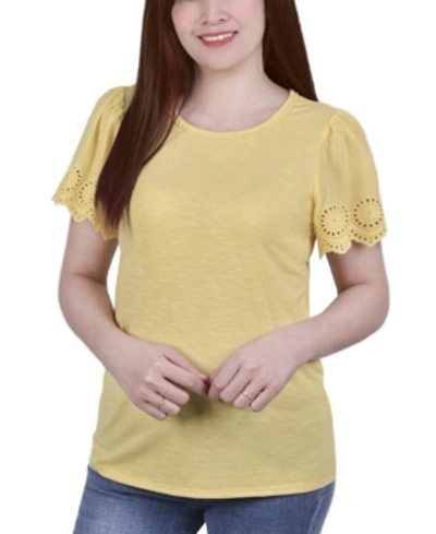 Shop Ny Collection Women's Short Eyelet-cut-out Sleeve Scoop Neck Top In Lemon
