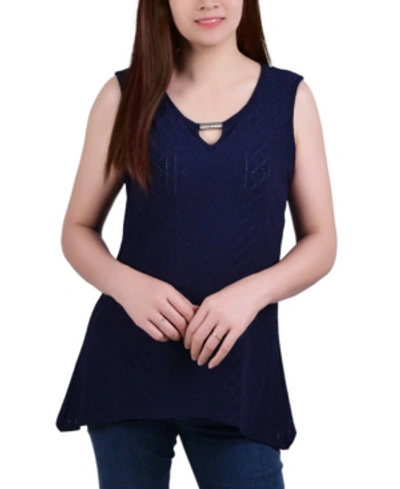 Ny Collection Plus Size Sleeveless Knit Eyelet Top With Hardware In Navy Color Stripe