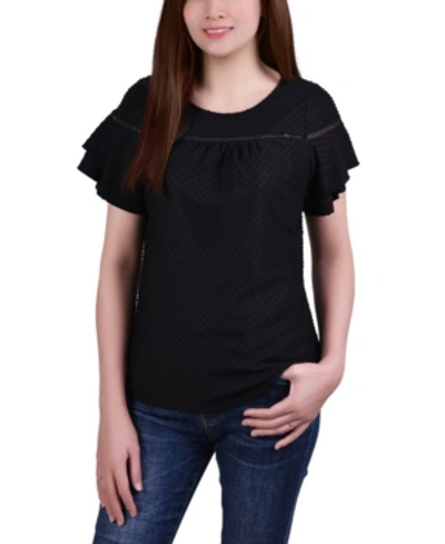 Shop Ny Collection Women's Short Double Flutter Sleeve Swiss Dot Top In Black