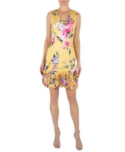 Shop Donna Ricco Floral-print Gathered-hem Sheath Dress In Yellow Floral