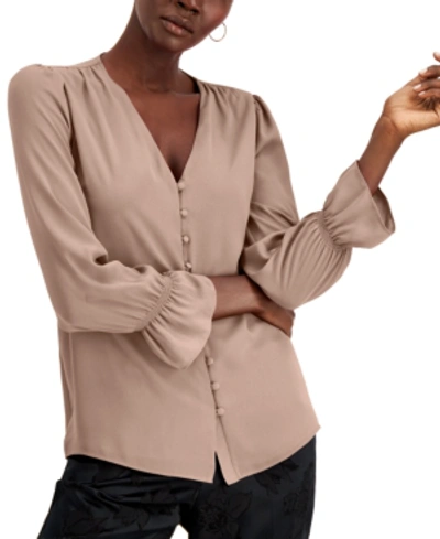 Shop Alfani Petite V-neck Button-front Blouse, Created For Macy's In Fresh Clay