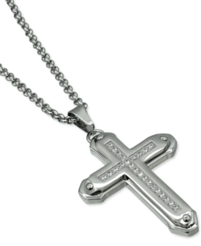 Shop Macy's Men's Cubic Zirconia Cross 24" Pendant Necklace In Stainless Steel