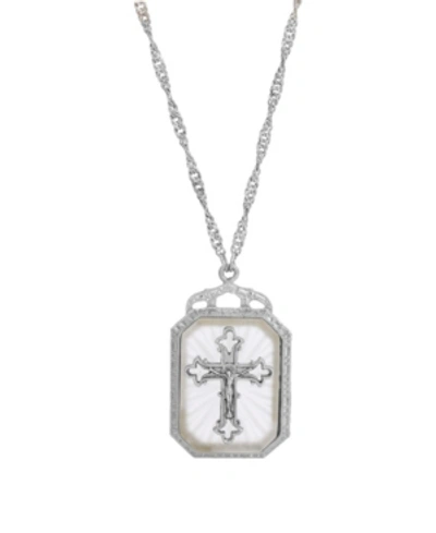 Shop Symbols Of Faith Silver-tone Frosted Stone With Crystal Cross Large Pendant Necklace In White