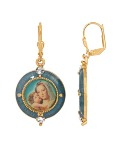 Shop Symbols Of Faith 14k Gold-dipped Namely Mary And Child Decal Image Earrings In Blue