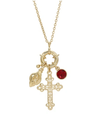 Shop Symbols Of Faith 14k Gold-dipped Red Stone And Cross Charm Necklace