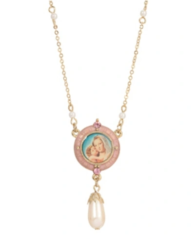 Shop Symbols Of Faith 14k Gold-dipped Pink Simulated Pearl Drop Pendant Mary And Child Necklace