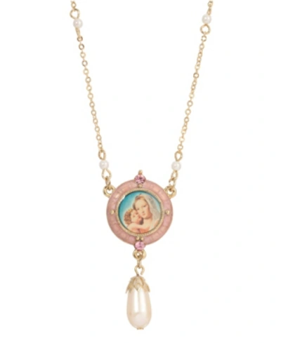 Symbols Of Faith 14k Gold-dipped Pink Simulated Pearl Drop Pendant Mary And Child Necklace In Pink