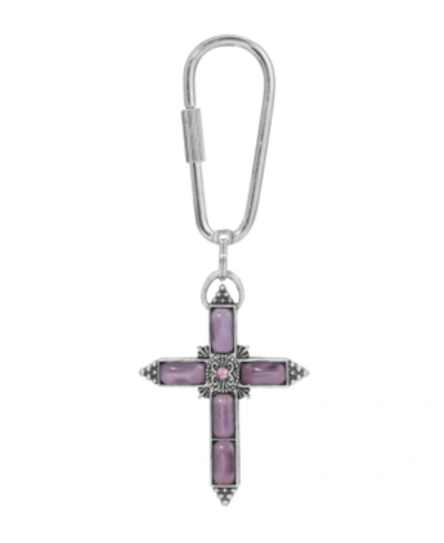Symbols Of Faith Silver-tone Purple Moonstone Purple Crystal Cross Key Chain In Purple