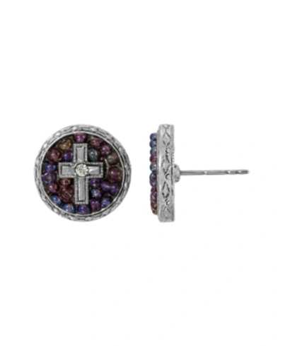 Shop Symbols Of Faith Pewter Purple Seeded Beads Crystal Cross Round Button Earring