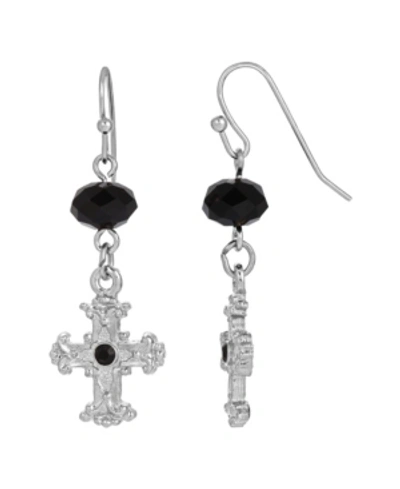 Shop Symbols Of Faith Silver-tone Black Crystal Cross Drop Earrings