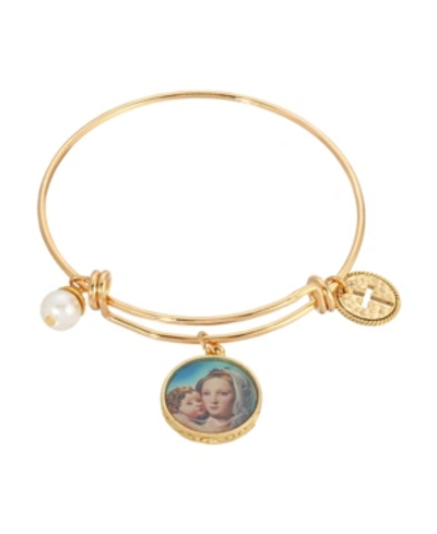 Shop Symbols Of Faith 14k Gold Dipped Cross Mary And Child Charm Bangle Bracelet In Yellow