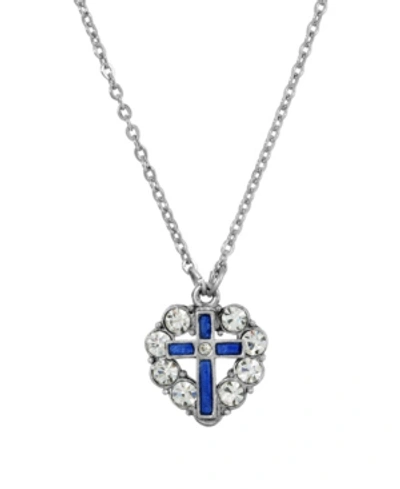 Symbols Of Faith Pewter Blue Enamel Cross Crystal Heart Necklace In Blue