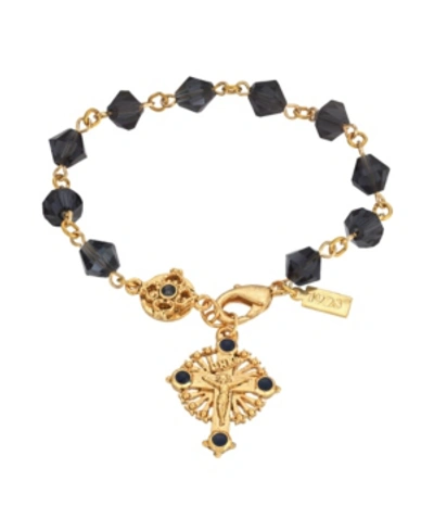 Symbols Of Faith 14k Gold-dipped Blue Bead Windows To Heaven Rosary Crucifix Bracelet In Blue