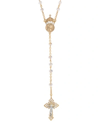 Shop Symbols Of Faith 14k Gold-dipped Crystal Two Rings And Cross Medallion Wedding Rosary In Gold-tone