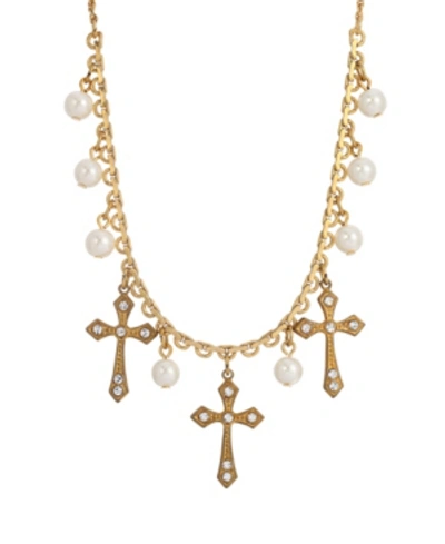 Shop Symbols Of Faith Gold-tone Triple Cross Imitation Pearl Drop Necklace In White