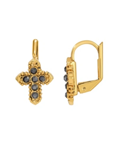 Shop Symbols Of Faith 14k Gold-dipped Hematite Color Petite Cross Earrings In Gray