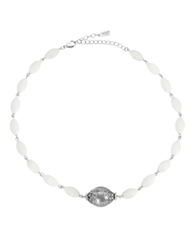 Symbols Of Faith Silver-tone Hail Mary Beaded Semi Precious Prayer Genuine White Dolomite Necklace In White