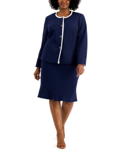 Shop Le Suit Plus Size Flared-hem Skirt Suit In Indigo/vanilla Ice
