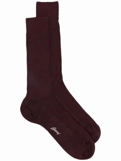 Shop Brioni Ribbed Wool-blend Logo Socks In Red