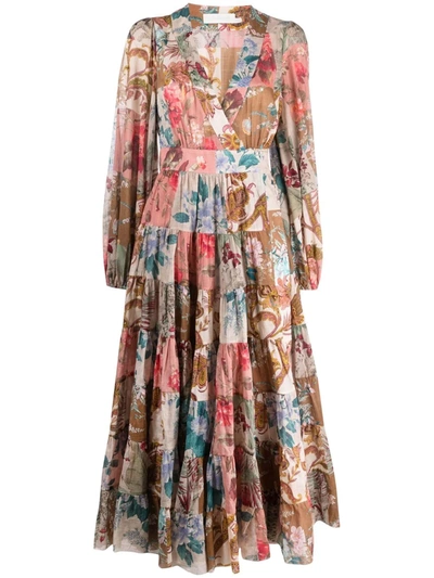 Shop Zimmermann Cassia Patchwork-print Midi Dress In Brown ,pink