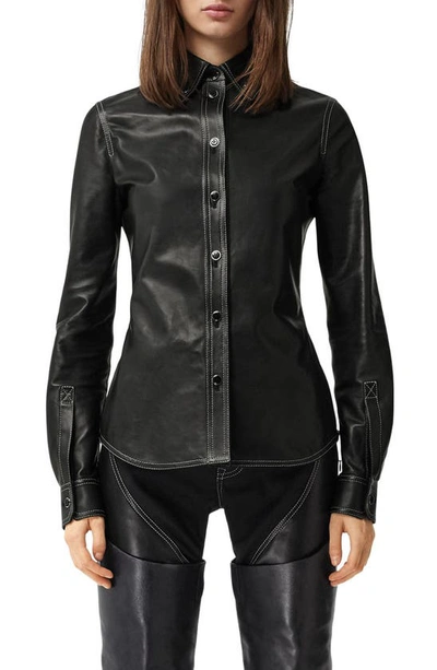 Shop Burberry Topstitched Lambskin Leather Button-down Shirt In Black