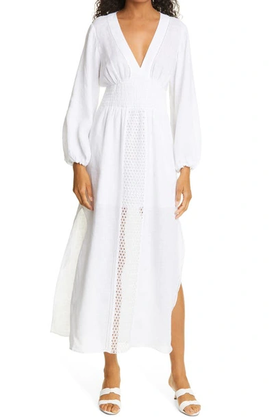 Shop Rebecca Taylor Long Sleeve Smocked Waist Linen & Crochet Dress In Waxflower