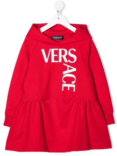 Shop Versace Logo Hooded Sweatshirt Dress In 红色