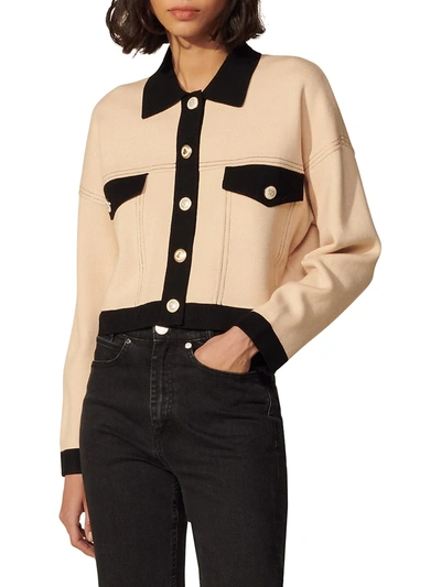 Shop Sandro Cher Cropped Topstitching Cardigan In Beige