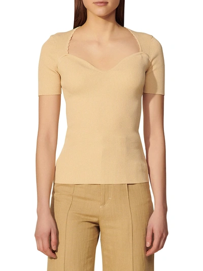 Shop Sandro Safran Rib Knit Top With Sweetheart Neckline In Sand