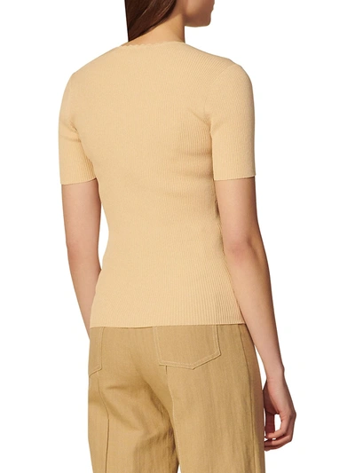 Shop Sandro Safran Rib Knit Top With Sweetheart Neckline In Sand