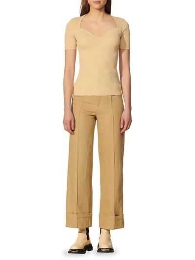 Shop Sandro Safran Rib Knit Top With Sweetheart Neckline In Sand