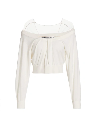 Shop Alexander Wang Cropped Off-the-shoulder Wool-blend Sweater In Ivory