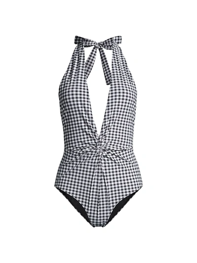 Shop Ganni Gingham Print One-piece Swimsuit In Black