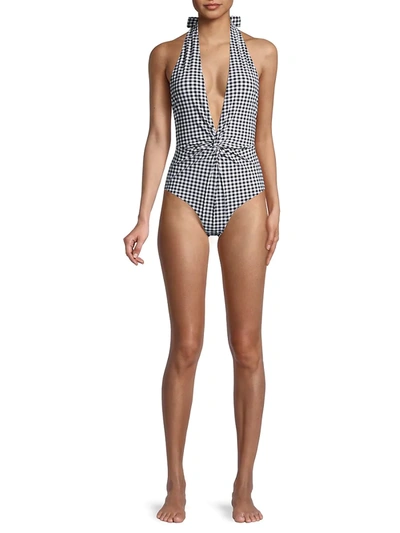Shop Ganni Gingham Print One-piece Swimsuit In Black