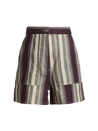 Shop Loewe Stripe Linen-blend Shorts In Burgundy Black White