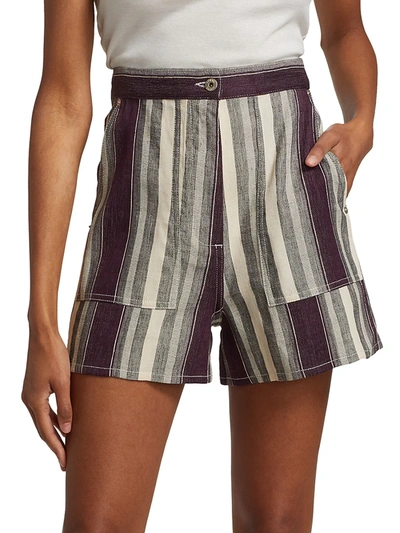 Shop Loewe Stripe Linen-blend Shorts In Burgundy Black White