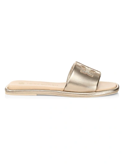 Shop Tory Burch Double T Sport Leather Slide Sandals In Spark Gold